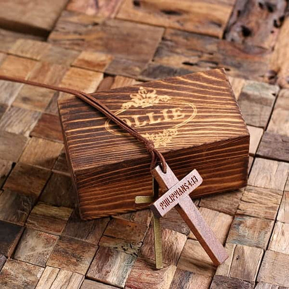 Personalized Brown Wood Cross with Brass Cross and Box