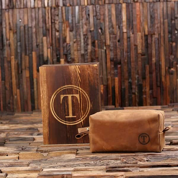 Personalized Leather Toiletry Bag Dopp Kit with Rustic Wood Box