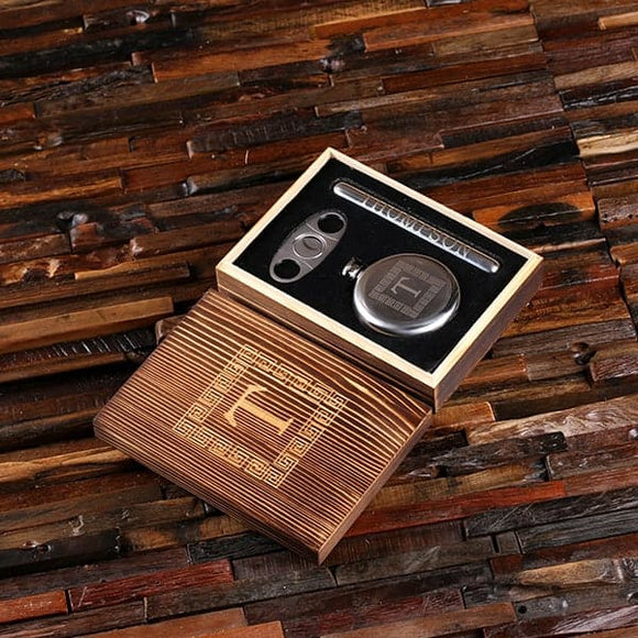 Round 5 Ounce Flask, Cigar Holder and Cutter with Engraved Wood Box