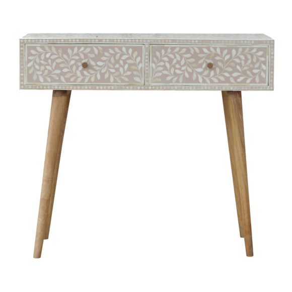 Light Taupe Floral Bone Inlay Console Table