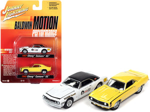 PACK OF 2 - 1969 Chevrolet Camaro SS Yellow and 1967 Chevrolet Camaro SS White Baldwin Motion Performance"" Set of 2 pieces 1/64 Diecast Model Cars by Johnny Lightning""""