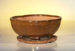 Aztec Orange Ceramic Bonsai Pot - Lotus Shape<br> Attached Humidity/Drip tray<br><i>8.5" x 6.5" x 3.5"</i>