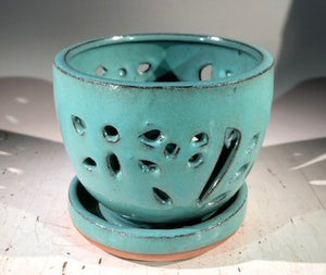 Light Blue Ceramic Orchid Pot - Round<br>With Attached Humidity Drip Tray<br>6.5" x 6.5" x 5.5"