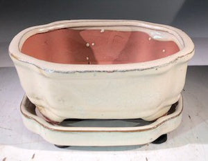 Beige Ceramic Bonsai Pot -Rectangle<br>With Humidity Drip Tray<br>6" x 5" x 2.5"