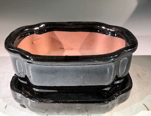 Black Ceramic Bonsai Pot -Rectangle<br>With Humidity Drip Tray<br>6" x 4.5" x 2.5"