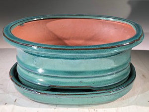 Blue / Green Ceramic Bonsai Pot -Oval<br>With Humidity Drip Tray<br>7" x 5.5" x 3"