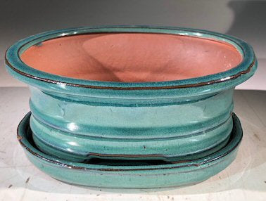 Blue / Green Ceramic Bonsai Pot -Oval<br>With Humidity Drip Tray<br>7