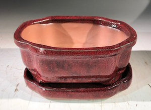 Parisian Red  Ceramic Bonsai Pot -Rectangle<br>With Humidity Drip Tray<br>6" x 4.5" x 2.5"
