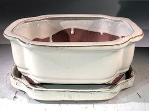 Beige Ceramic Bonsai Pot - Rectangle<br>With Humidity Drip Tray<br>8" x 6" x 3"