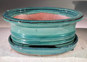 Blue / Green Ceramic Bonsai Pot - Oval<br>With Humidity Drip Tray<br>8" x 6" x 3"
