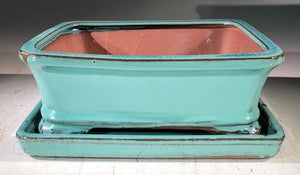 Light Blue Ceramic Bonsai Pot - Rectangle<br>With Humidity Drip Tray<br>8" x 6" x 3"