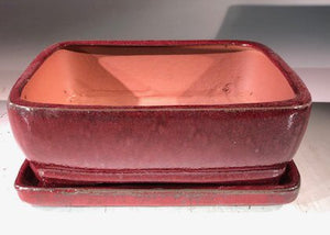 Parisian Red  Ceramic Bonsai Pot - Rectangle<br>With Humidity Drip Tray<br>8" x 6" x 3"