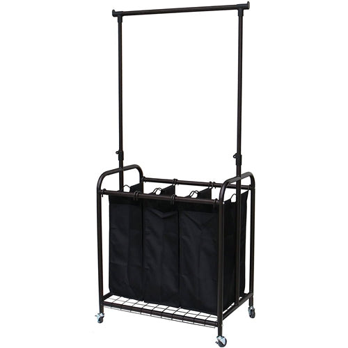 Bronze Black 3-Bag Laundry Sorter Hamper with Adjustable Clothes Hanging Bar