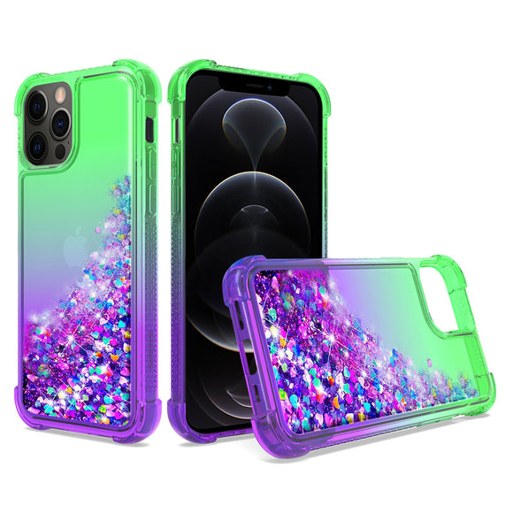 Shiny Flowing Glitter Liquid Bumper Case For APPLE IPHONE 12 PRO MAX In Green