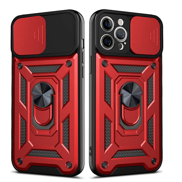 Kickstand Ring Holder with Slide Camera Cover TPU Shockproof Case and Magnetic Car Mount for APPLE IPHONE 12 PRO MAX In Red
