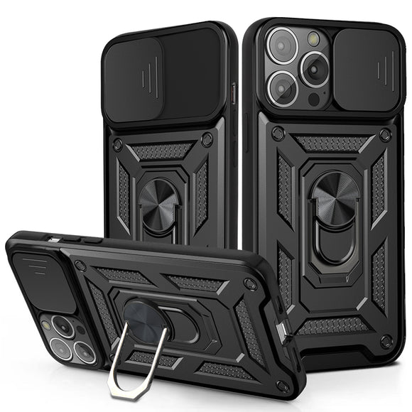 Kickstand Ring Holder & Slide Camera Cover Magnetic Car Mount for APPLE IPHONE 13 PRO In Black