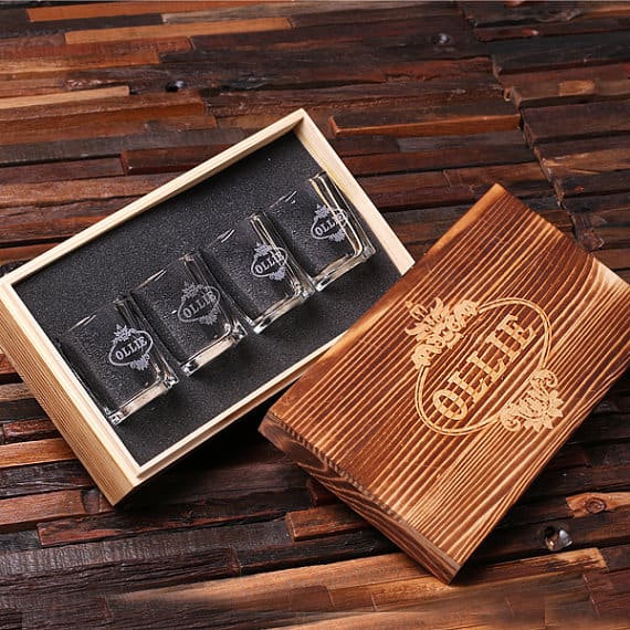Personalized Engraved Set of 4 Shot Glasses with Keepsake Box