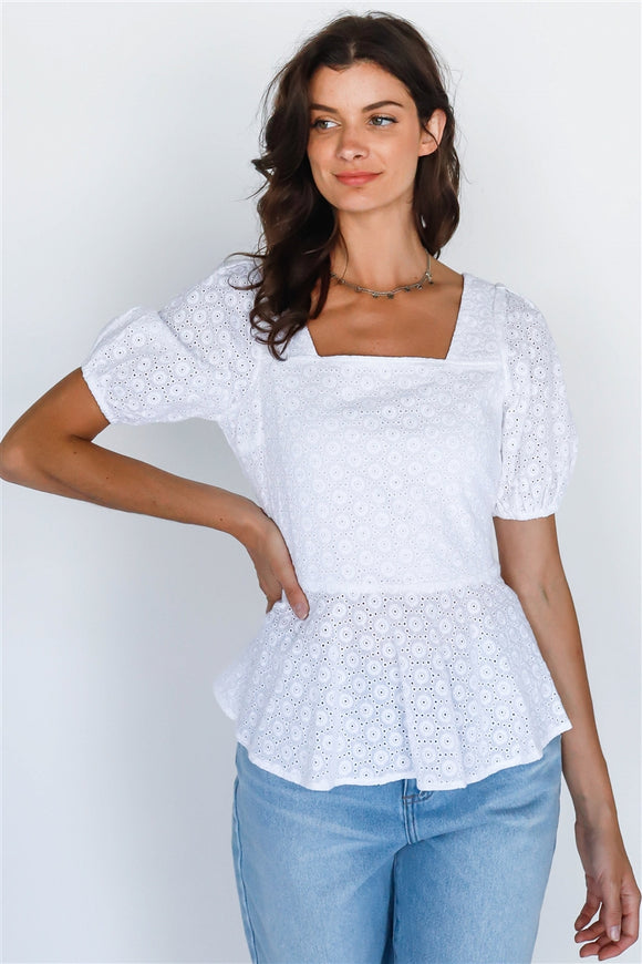White Embroidered Balloon Short Sleeve Back Tie Top Small