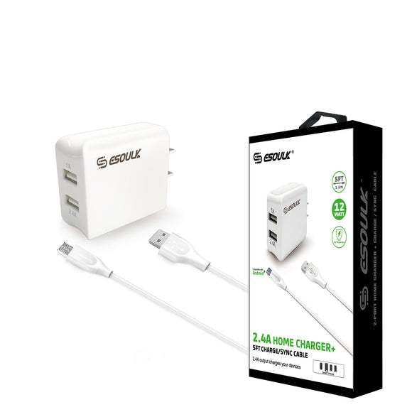 12W 2.4A Dual USB Travel Wall charger With 5FT  Micro USB Charging Cable In White