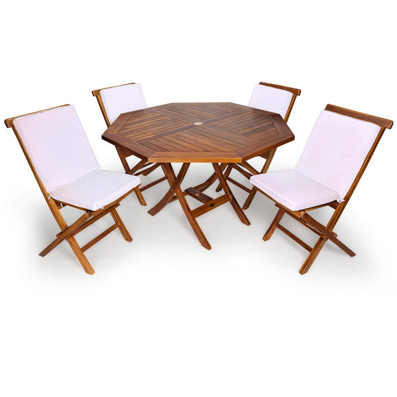 5-Piece 4-ft Teak Octagon Folding Table Set with Royal White Cushions