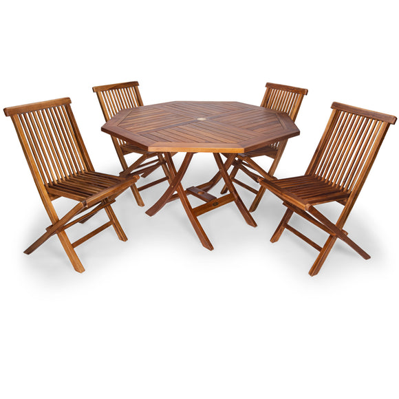 5-Piece 4-ft Teak Octagon Folding Table Set with Blue Cushions