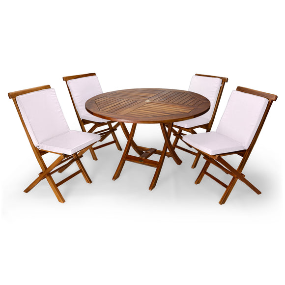5-Piece 4-ft Teak Round Folding Table Set with Royal White Cushions