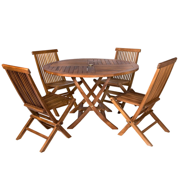 5-Piece 4-ft Teak Round Folding Table Set with Blue Cushions