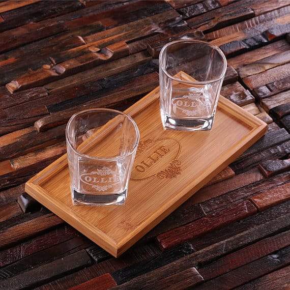 Personalized Bar Tray Set with 2 Whiskey Glasses