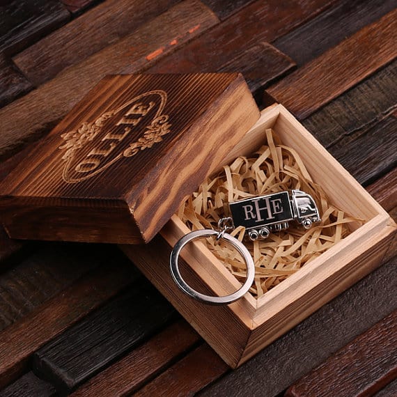 Personalized Polished Stainless Steel Trucker Key Chain with Wood Box