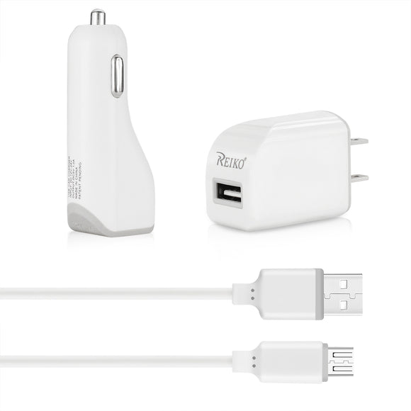 REIKO MICRO 1 AMP 3-IN-1 CAR CHARGER WALL ADAPTER WITH USB CABLE IN WHITE