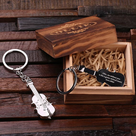 Personalized Polished Stainless Steel Violin Keychain with Wood Box