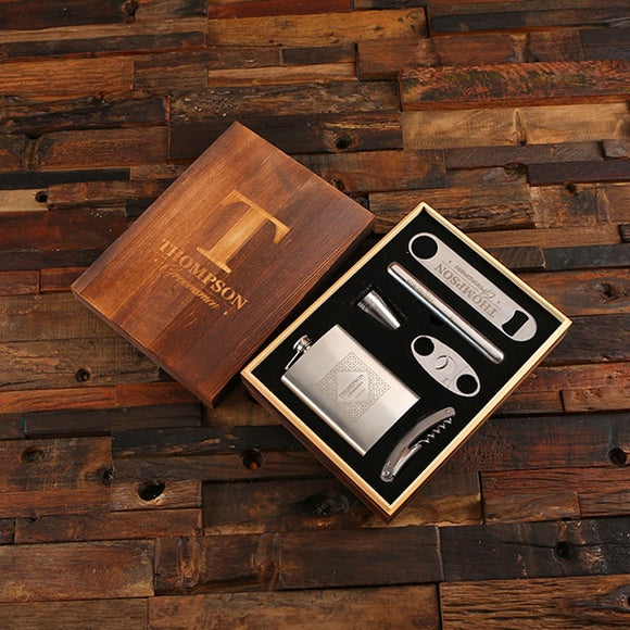 Personalized Drinks & Cigar Gentlemen’s Accessory Gift Set in Brown Rustic Box