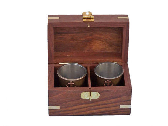 Antique Brass Anchor Shot Glasses With Rosewood Box 4