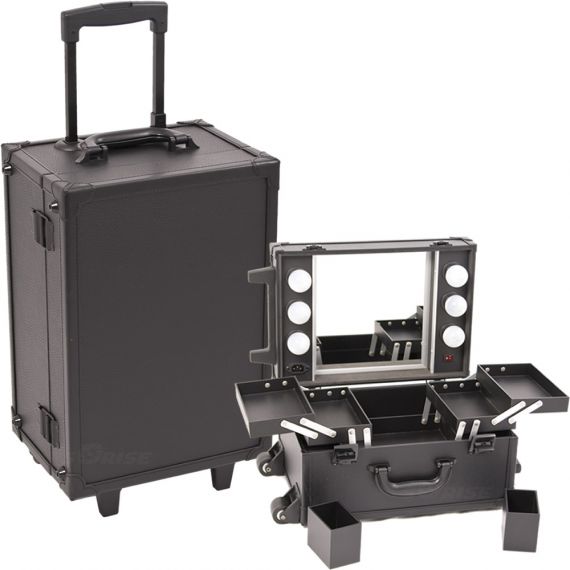 ALL BLACK LEATHER-LIKE PROFESSIONAL ROLLING MAKEUP STUDIO CASE WITH LIGHTS & MIRROR