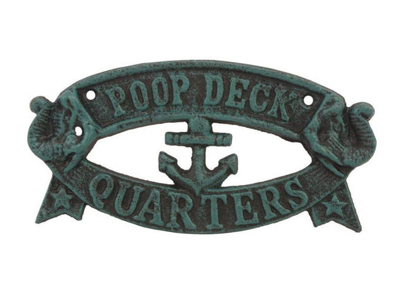 Seaworn Blue Cast Iron Poop Deck Quarters Sign 8"