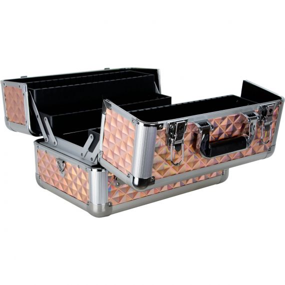 4 EXTENDABLE TRAYS PROFESSIONAL COSMETIC MAKEUP CASE WITH DIVIDERS Rose Gold Diamond Pattern