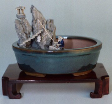 Water/Stone Landscape Scene <br>Ceramic Bonsai Pot - 8