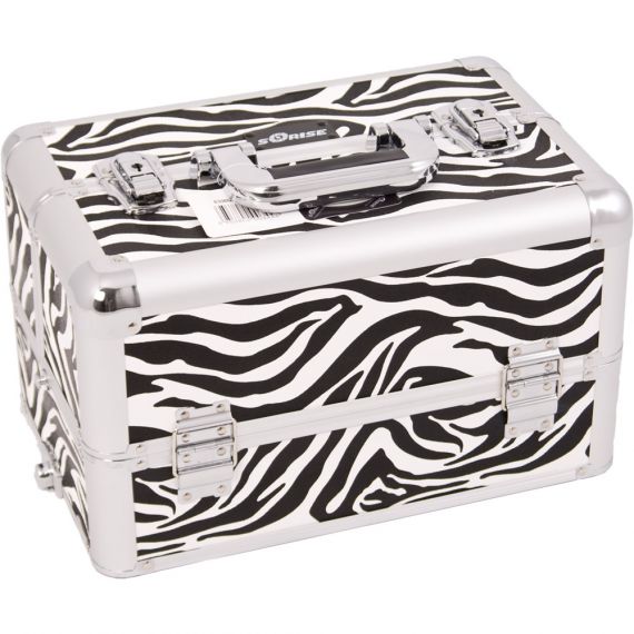 WHITE INTERCHANGEABLE 3-TIERS EXTENDABLE TRAY ZEBRA TEXTURED PRINTING PROFESSIONAL ALUMINUM COSMETIC MAKEUP CASE WITH MIRROR
