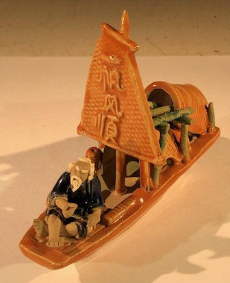Man on Sampan Boat<br> Large<br>Glazed Figurine