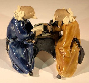 Ceramic Figurine<br>Two Men Sitting On A Bench Scribing - 2.5"<br>Color: Blue & Light Brown