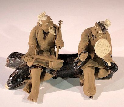 Miniature Ceramic Figurine<br> Two Men Sitting on Bench Playing Musical Instrument - 2.5