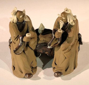 Ceramic Figurine<br>Two Mud Men Sitting On A Bench Drinking Tea - 2.5