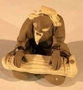 Miniature Ceramic Figurine<br>Mudman Playing Musical Instrument<br>2"