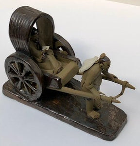 Miniature Ceramic Figurine<br>Mud Man Pulling Rickshaw - 4"