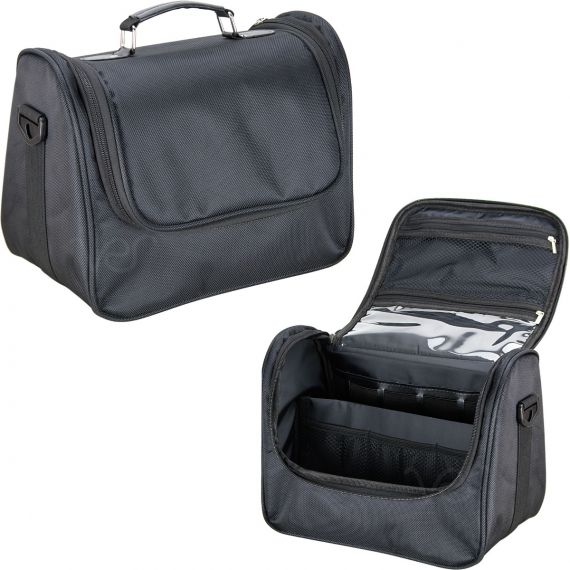 BLACK SOFT_SIDED TRAVEL MAKEUP CASE WITH MESH AND CLEAR POCKETS