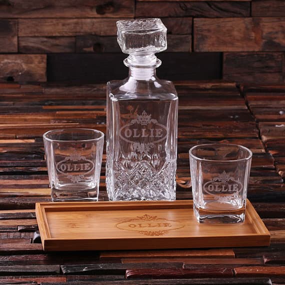 Personalized Bar Tray Set with Decanter & 2 Whiskey Glasses