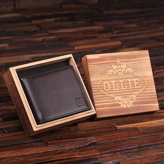 Personalized Engraved Monogrammed Men’s Leather Wallet Black or Brown with Wood Box