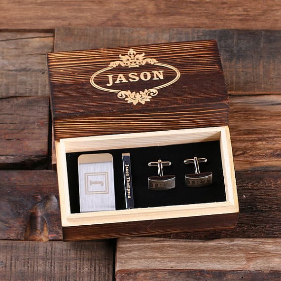Personalized Gentleman’s Gift Set Cuff Links, Money Clip, Tie Clip with a Rustic Gift Box