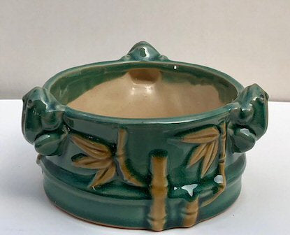 Light Green Ceramic Bonsai Pot - Round Attached Frogs & Bamboo Shoot Design