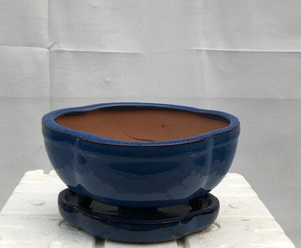 Blue Ceramic Bonsai Pot -Lotus Shaped<br>With Humidity Drip Tray<br>6.25